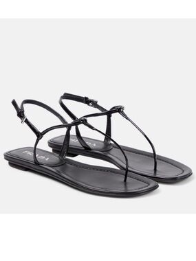 Prada Dark Navy Blue Patent leather T strap square toe flat thong sandals EU37.5